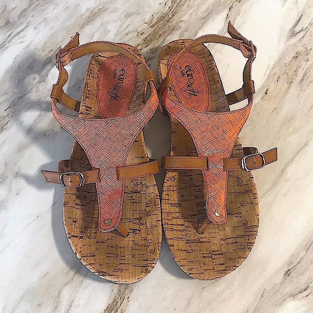 Coral/Pink/Tan Cork Sandals Straps & Buckles